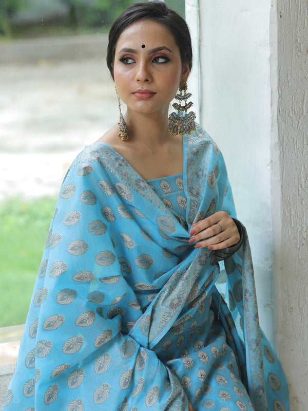 Banarasee Salwar Kameez Cotton Silk Resham Buti Woven Fabric-Blue