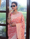 Banarasee Faux Georgette Saree With Zari Jaal Work & Floral Border-Peach