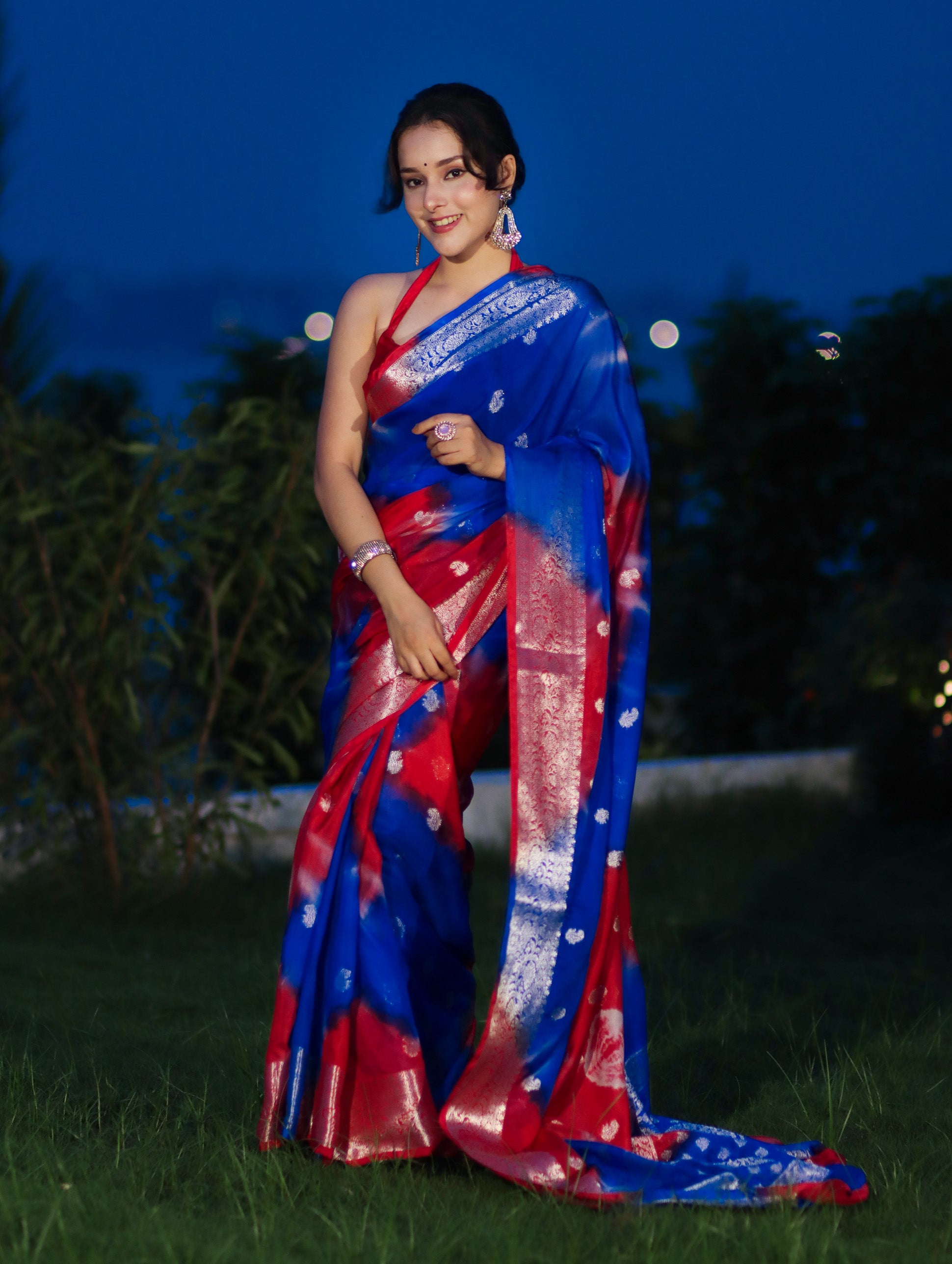 Banarasee Handwoven Semi-Chiffon Shibori Dyed Saree With Zari Work-Blue & Red