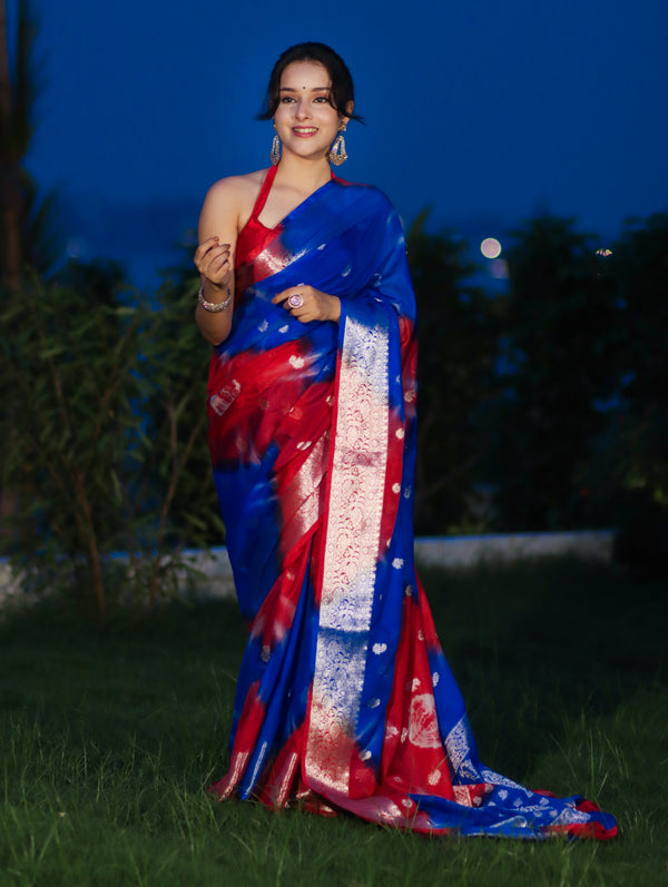Banarasee Handwoven Semi-Chiffon Shibori Dyed Saree With Zari Work-Blue & Red