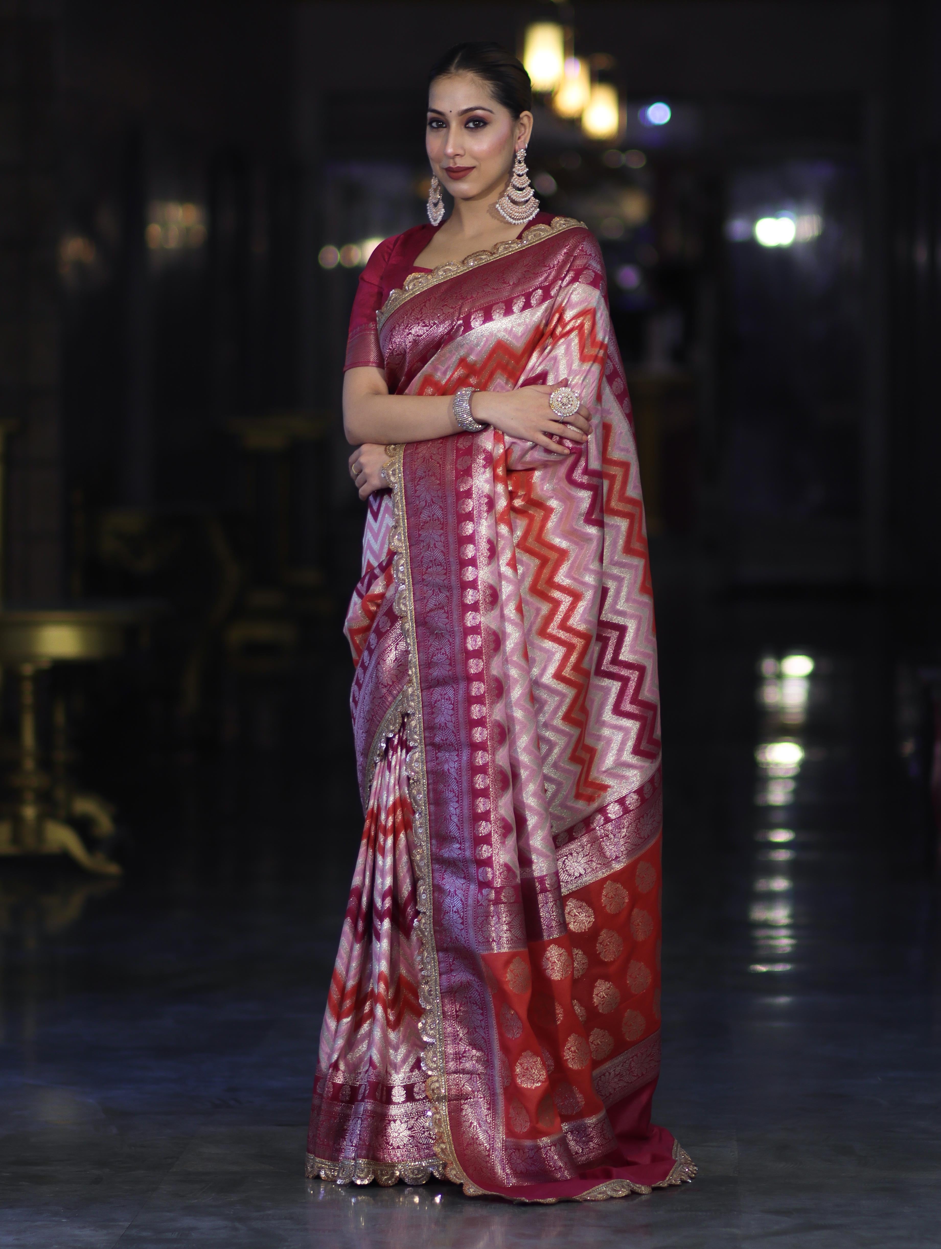 Banarasee Handwoven Faux Georgette Saree With Zigzag Pattern Zari Design Border & Lace-Multicolor