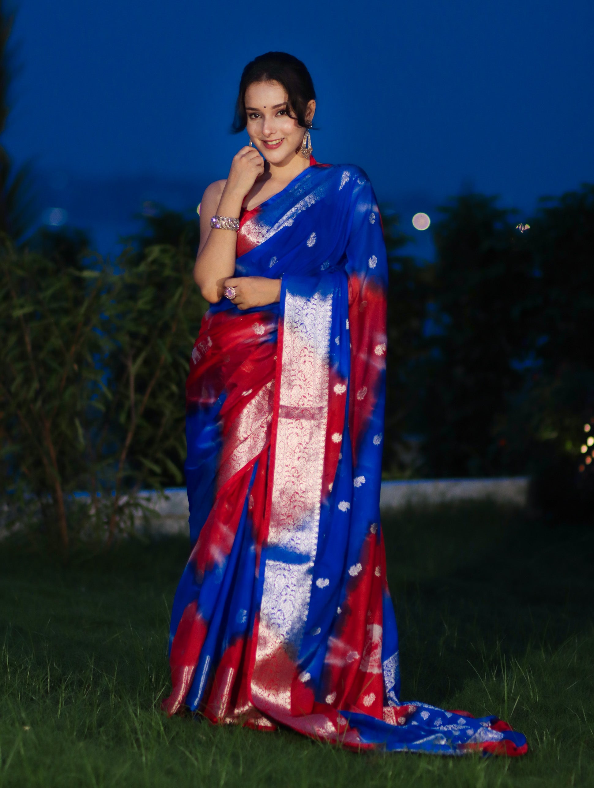 Banarasee Handwoven Semi-Chiffon Shibori Dyed Saree With Zari Work-Blue & Red