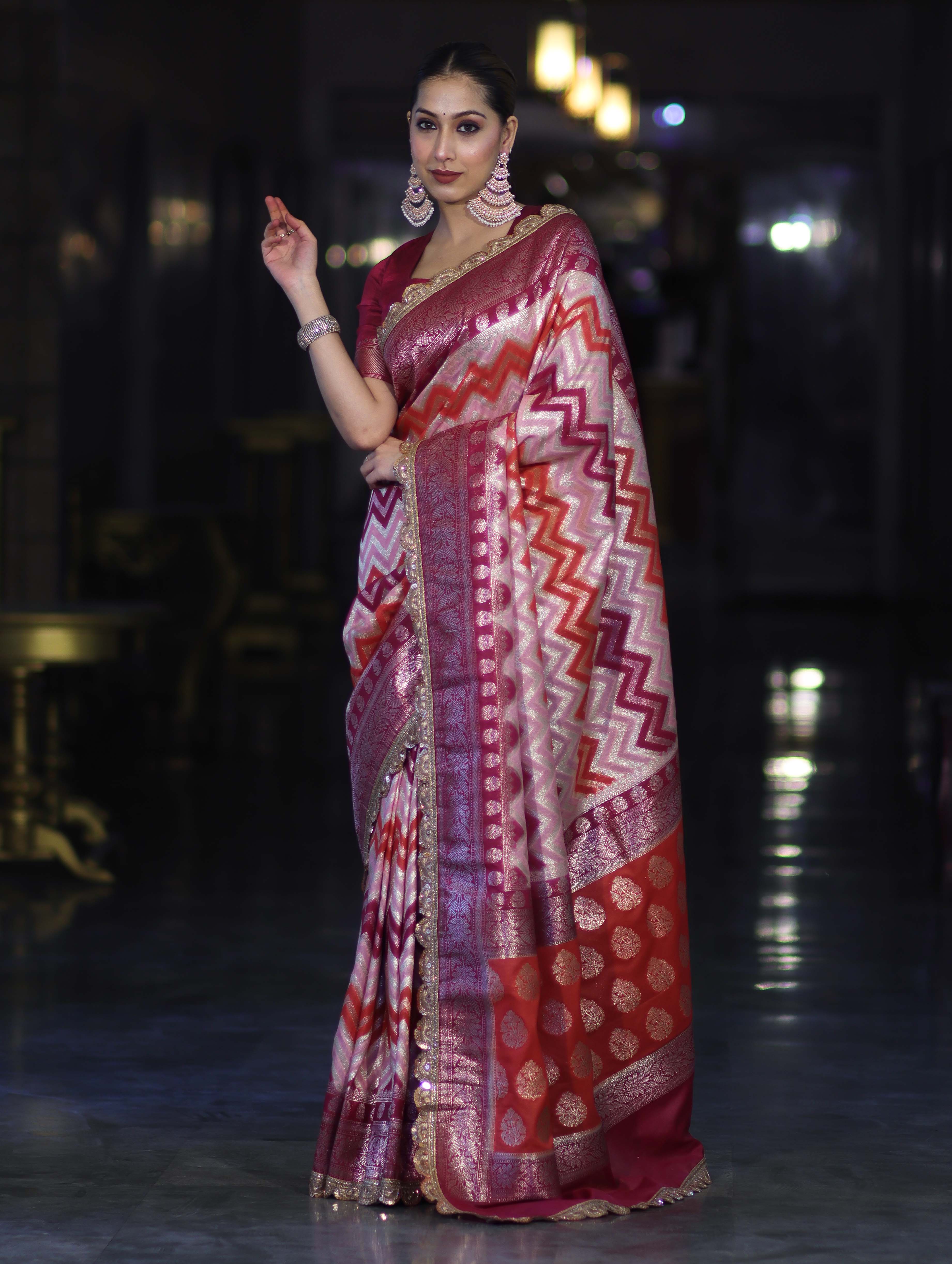 Banarasee Handwoven Faux Georgette Saree With Zigzag Pattern Zari Design Border & Lace-Multicolor