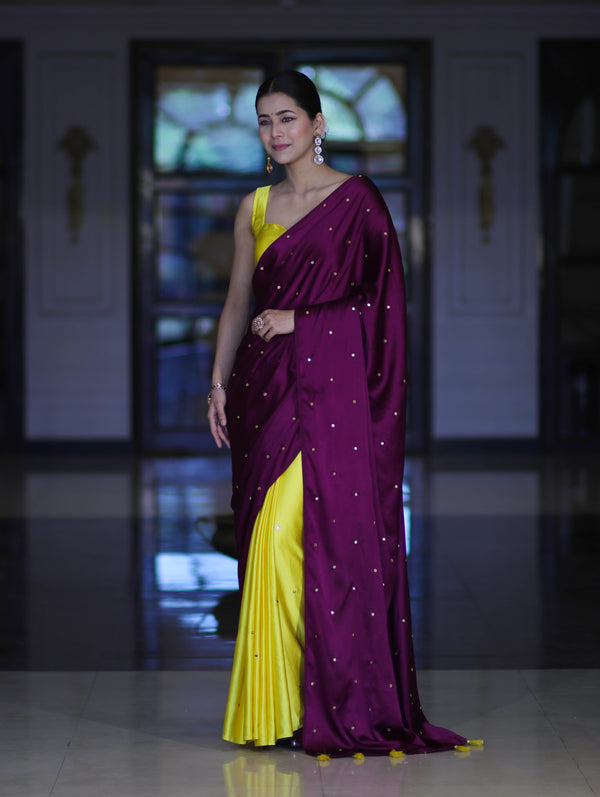 Banarasee Handloom Satin Hand Dyed Saree With Mirror Work-Violet & Yellow