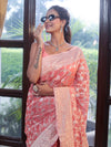 Banarasee Faux Georgette Saree With Zari Jaal Work & Floral Border-Peach