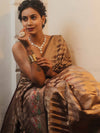 Banarasee Handwoven Tissue Saree With Meena Border Design-Brown