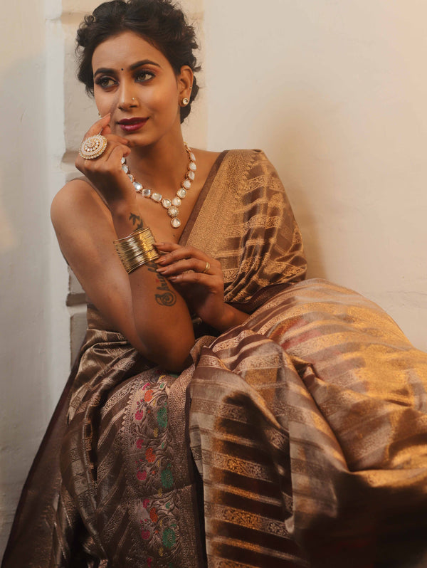 Banarasee Handwoven Tissue Saree With Meena Border Design-Brown