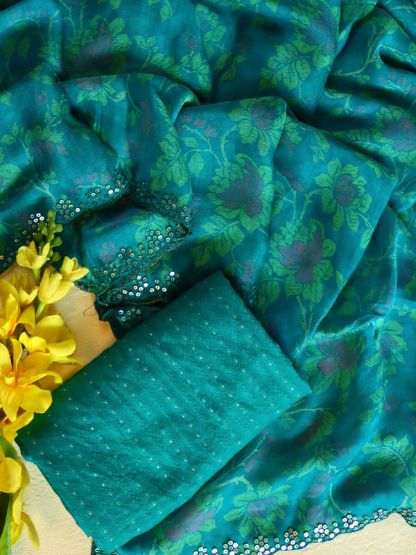 Banarasee Chiffon Floral Print Saree & Hand Work With Scallop Border-Green