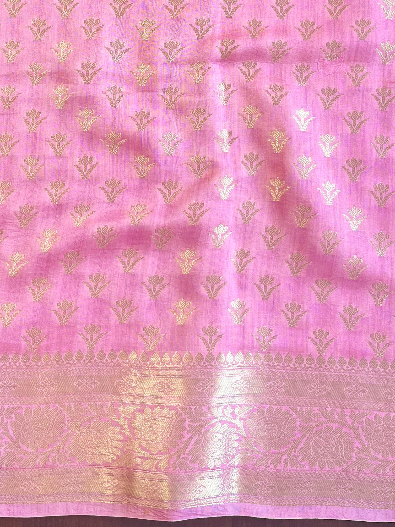 Banarasee Handloom Pure Chiniya Silk Saree With Zari Work & Contrast Border-Sea Green & Pink