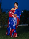 Banarasee Handwoven Semi-Chiffon Shibori Dyed Saree With Zari Work-Blue & Red