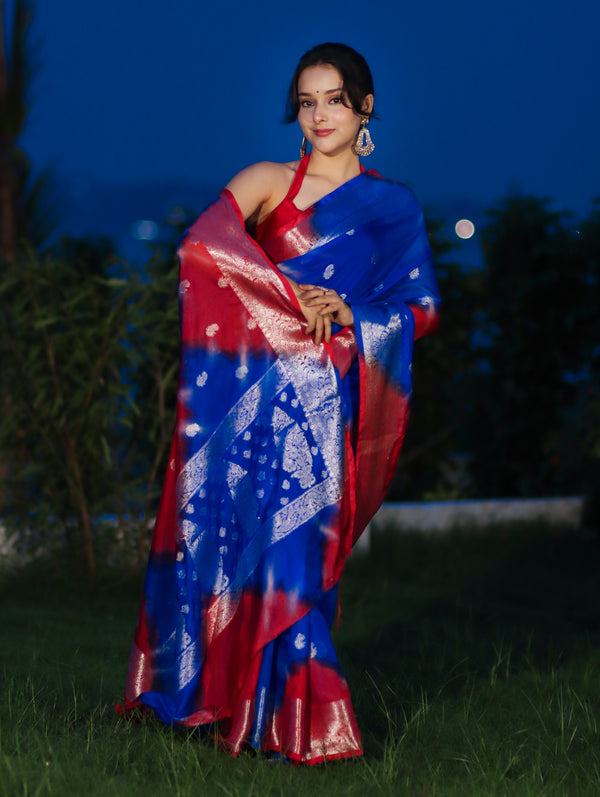 Banarasee Handwoven Semi-Chiffon Shibori Dyed Saree With Zari Work-Blue & Red