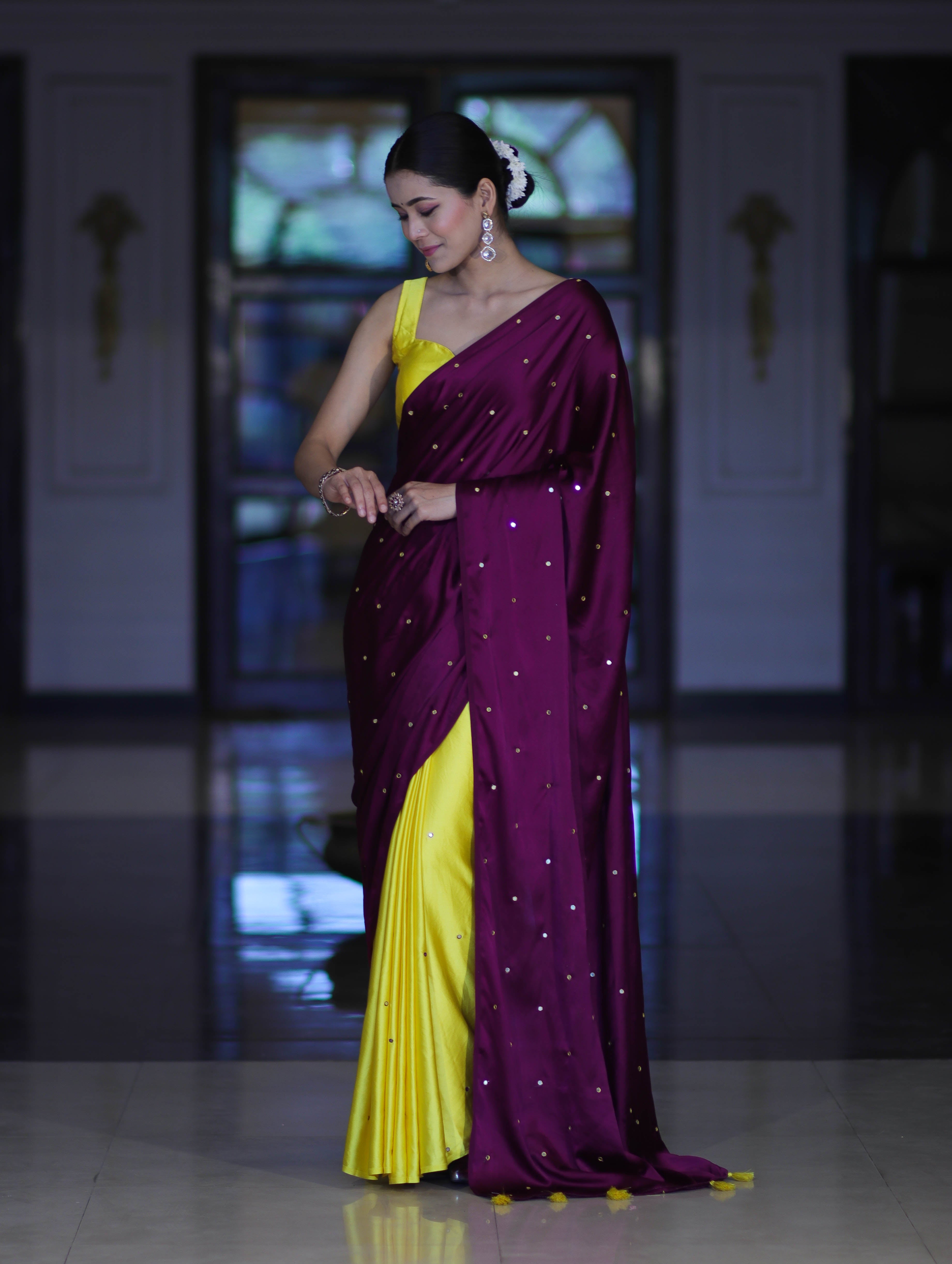 Banarasee Handloom Satin Hand Dyed Saree With Mirror Work-Violet & Yellow