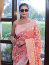 Banarasee Faux Georgette Saree With Zari Jaal Work & Floral Border-Peach