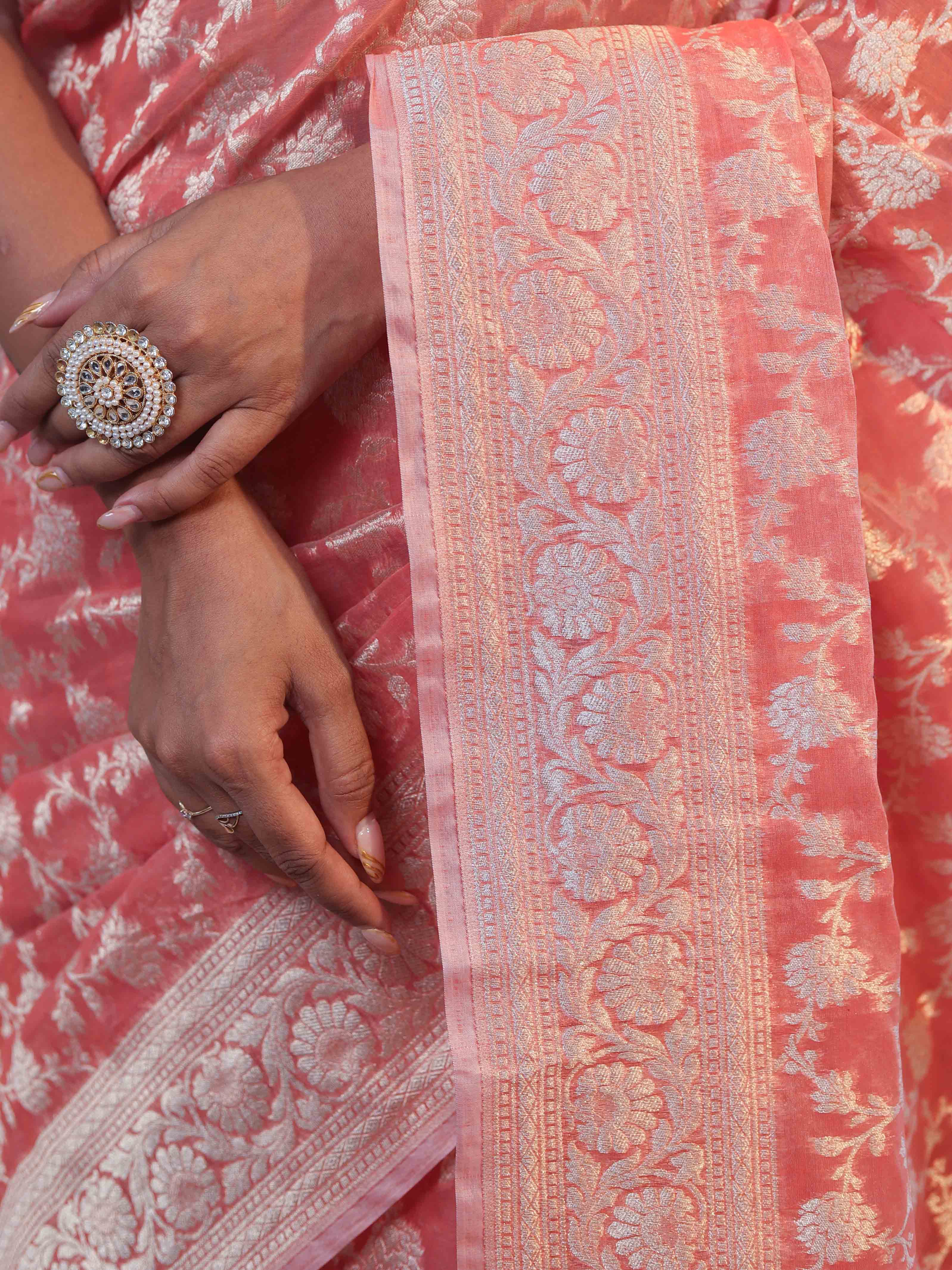 Banarasee Faux Georgette Saree With Zari Jaal Work & Floral Border-Peach