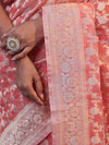 Banarasee Faux Georgette Saree With Zari Jaal Work & Floral Border-Peach