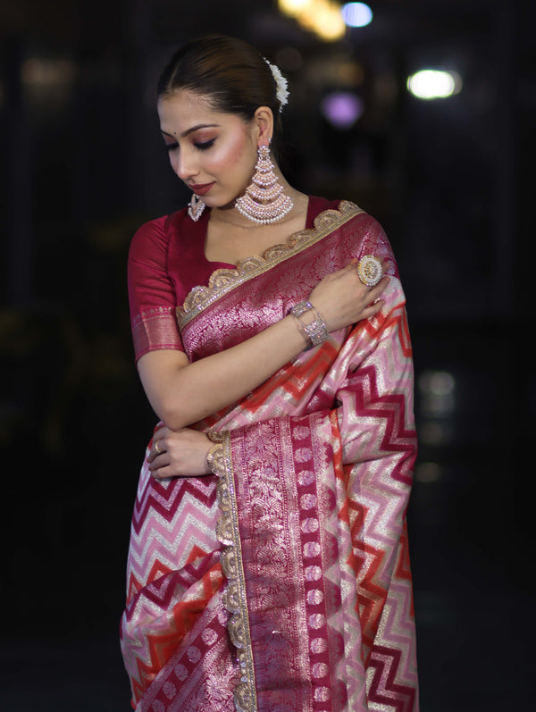 Banarasee Handwoven Faux Georgette Saree With Zigzag Pattern Zari Design Border & Lace-Multicolor