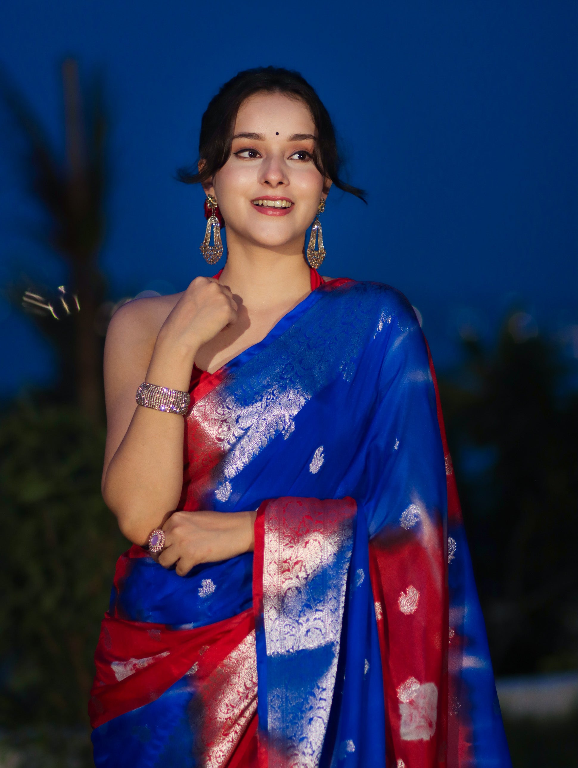 Banarasee Handwoven Semi-Chiffon Shibori Dyed Saree With Zari Work-Blue & Red