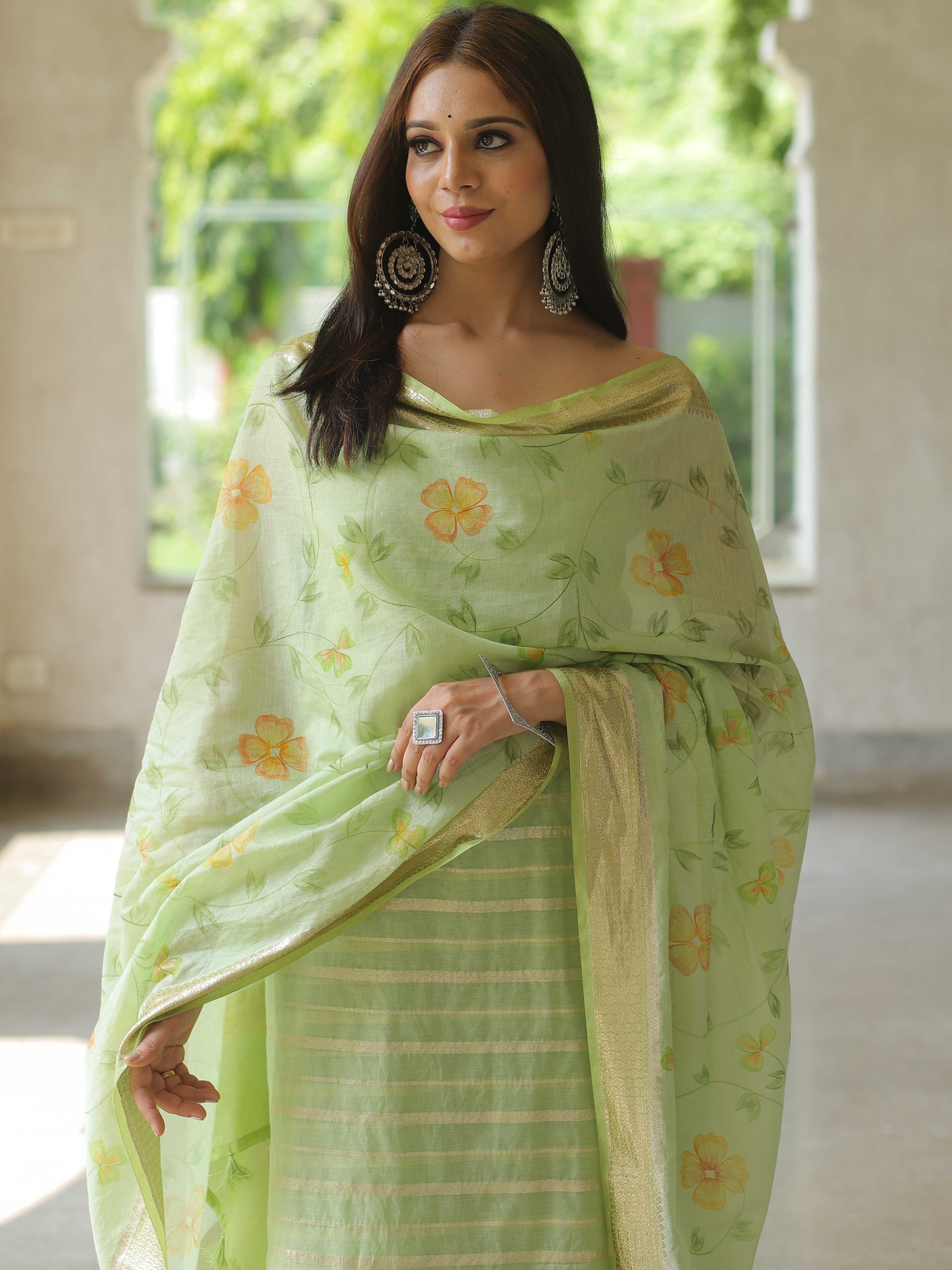 Banarasee Chanderi Cotton Zari Buti Salwar Kameez Fabric With Hand-Painted Dupatta-Green