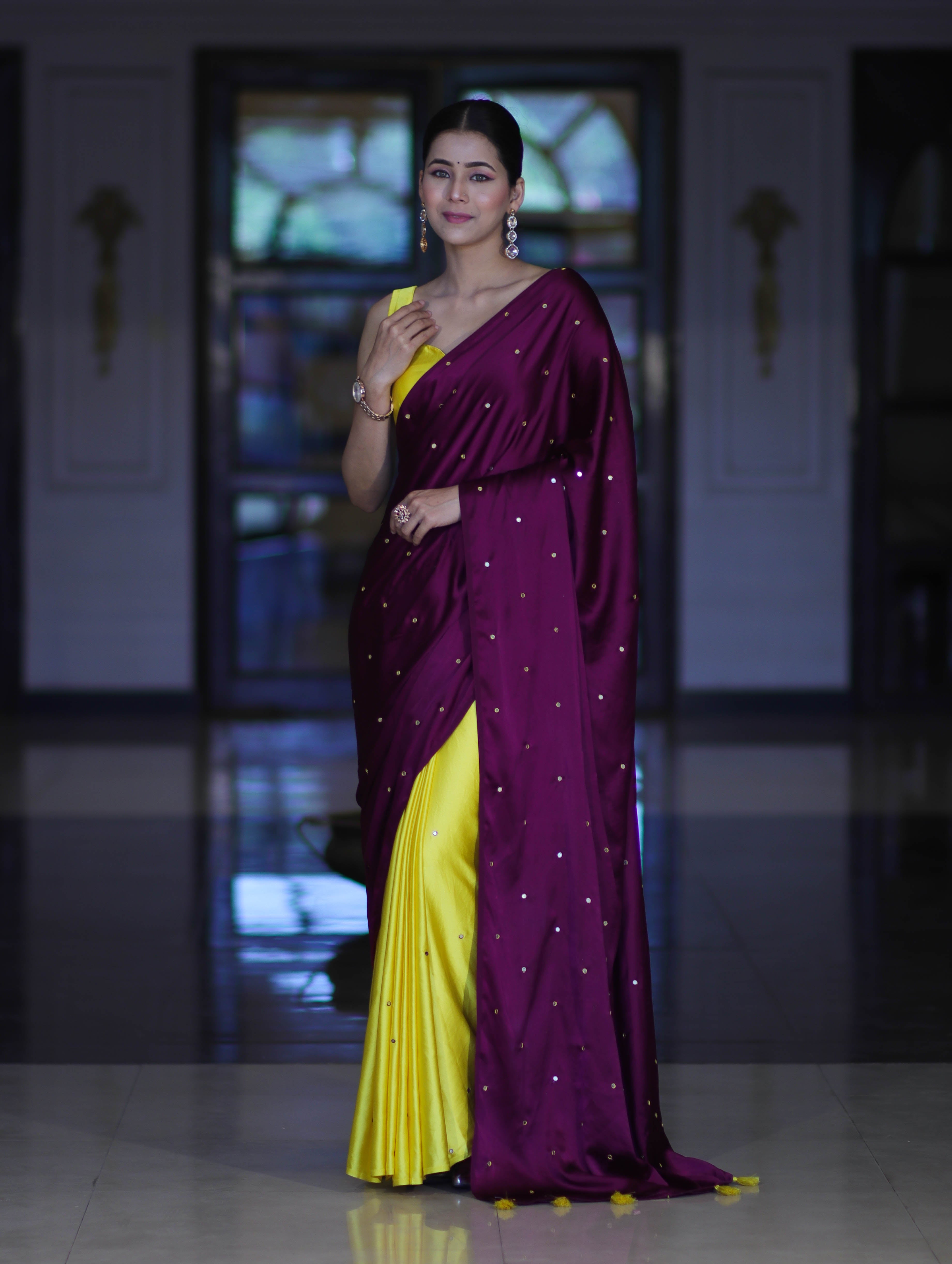 Banarasee Handloom Satin Hand Dyed Saree With Mirror Work-Violet & Yellow