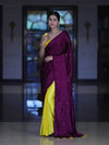 Banarasee Handloom Satin Hand Dyed Saree With Mirror Work-Violet & Yellow