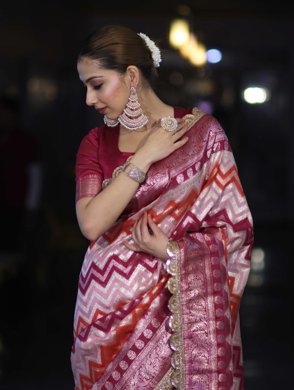 Banarasee Handwoven Faux Georgette Saree With Zigzag Pattern Zari Design Border & Lace-Multicolor