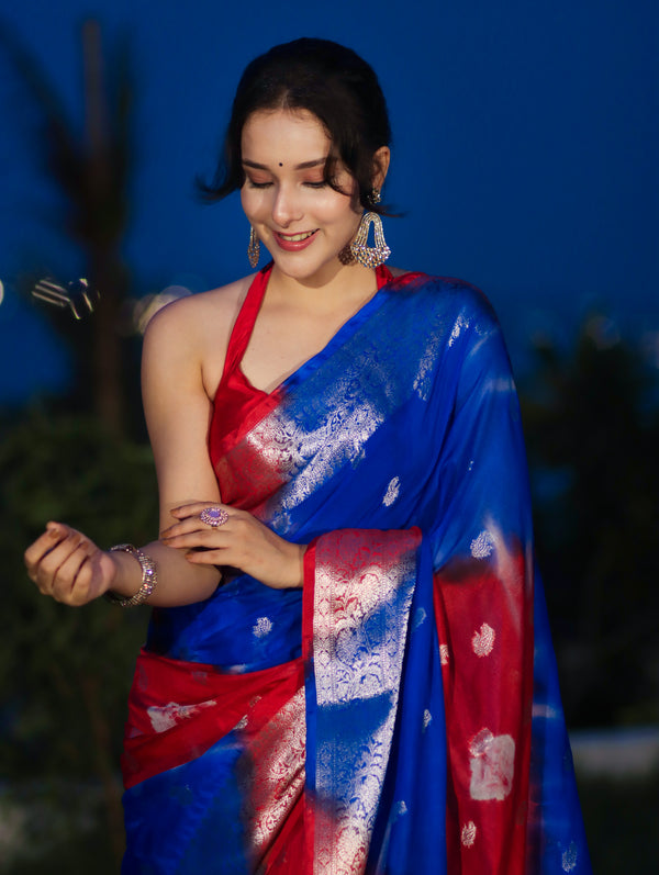 Banarasee Handwoven Semi-Chiffon Shibori Dyed Saree With Zari Work-Blue & Red