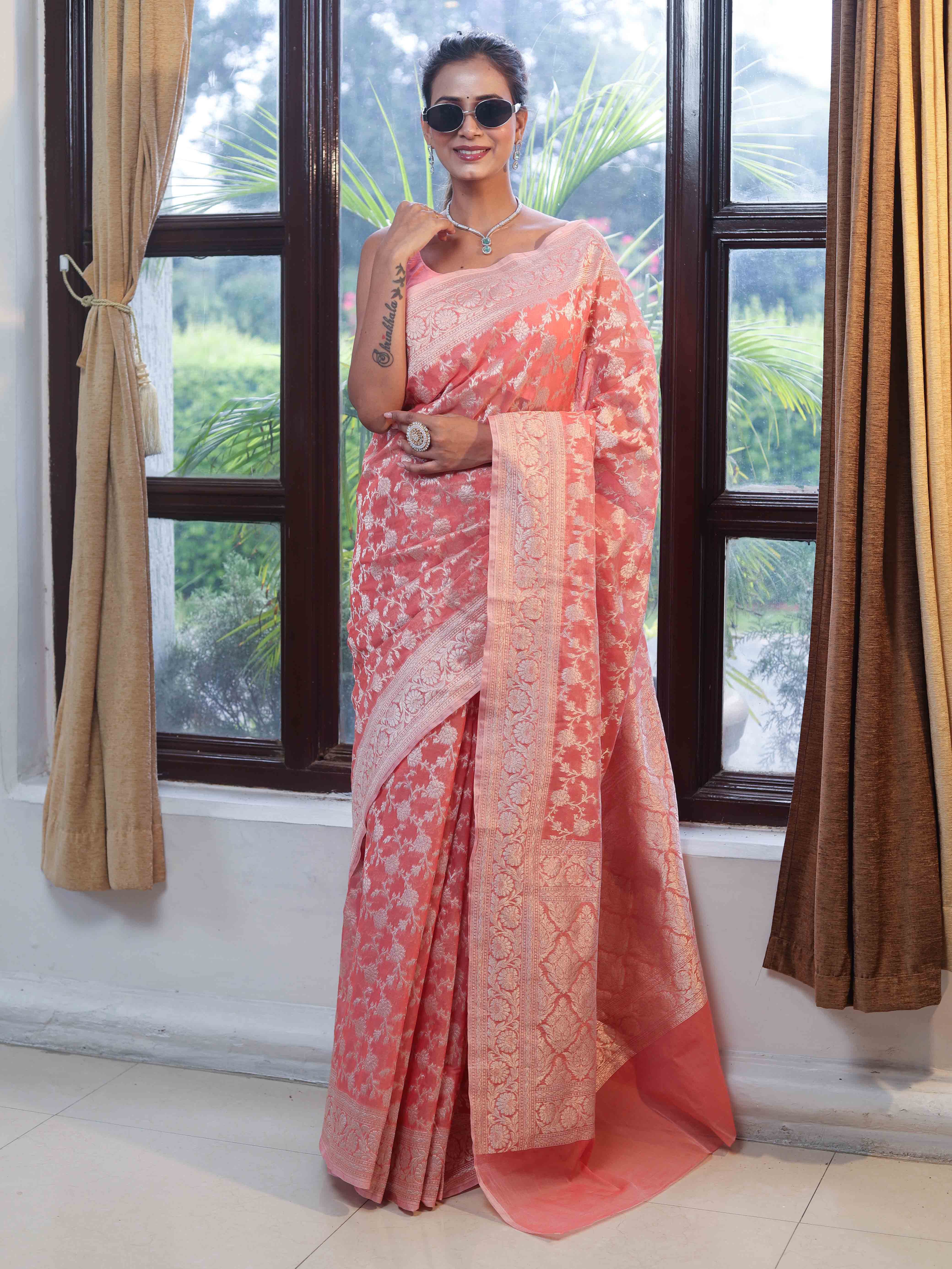 Banarasee Faux Georgette Saree With Zari Jaal Work & Floral Border-Peach