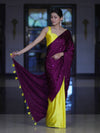 Banarasee Handloom Satin Hand Dyed Saree With Mirror Work-Violet & Yellow