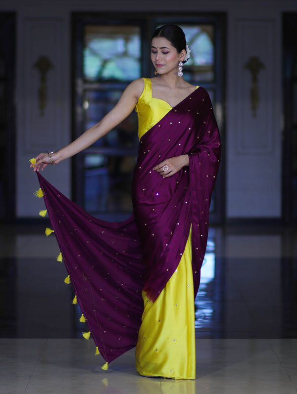 Banarasee Handloom Satin Hand Dyed Saree With Mirror Work-Violet & Yellow