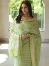 Banarasee Chanderi Cotton Zari Buti Salwar Kameez Fabric With Hand-Painted Dupatta-Green