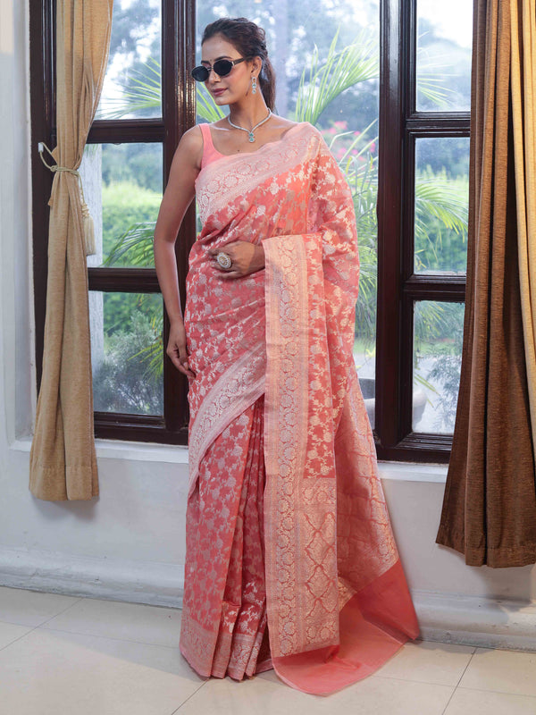 Banarasee Faux Georgette Saree With Zari Jaal Work & Floral Border-Peach