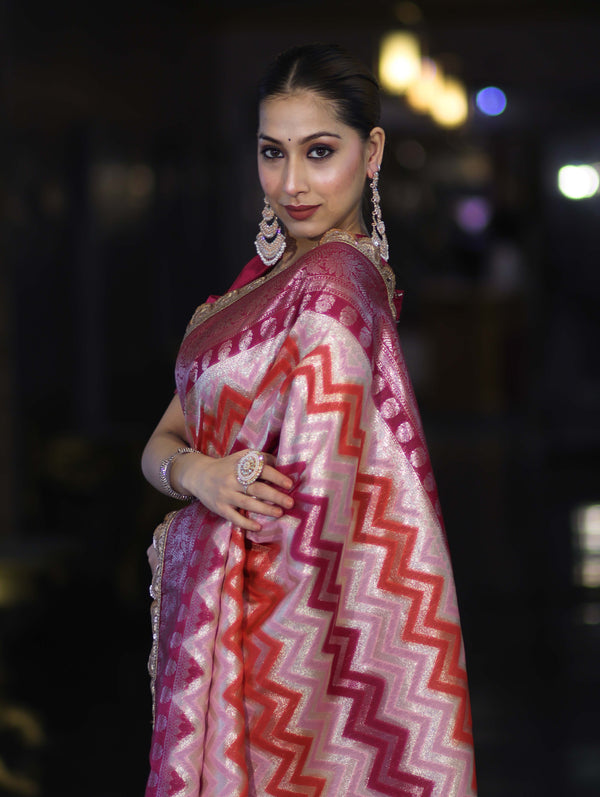 Banarasee Handwoven Faux Georgette Saree With Zigzag Pattern Zari Design Border & Lace-Multicolor
