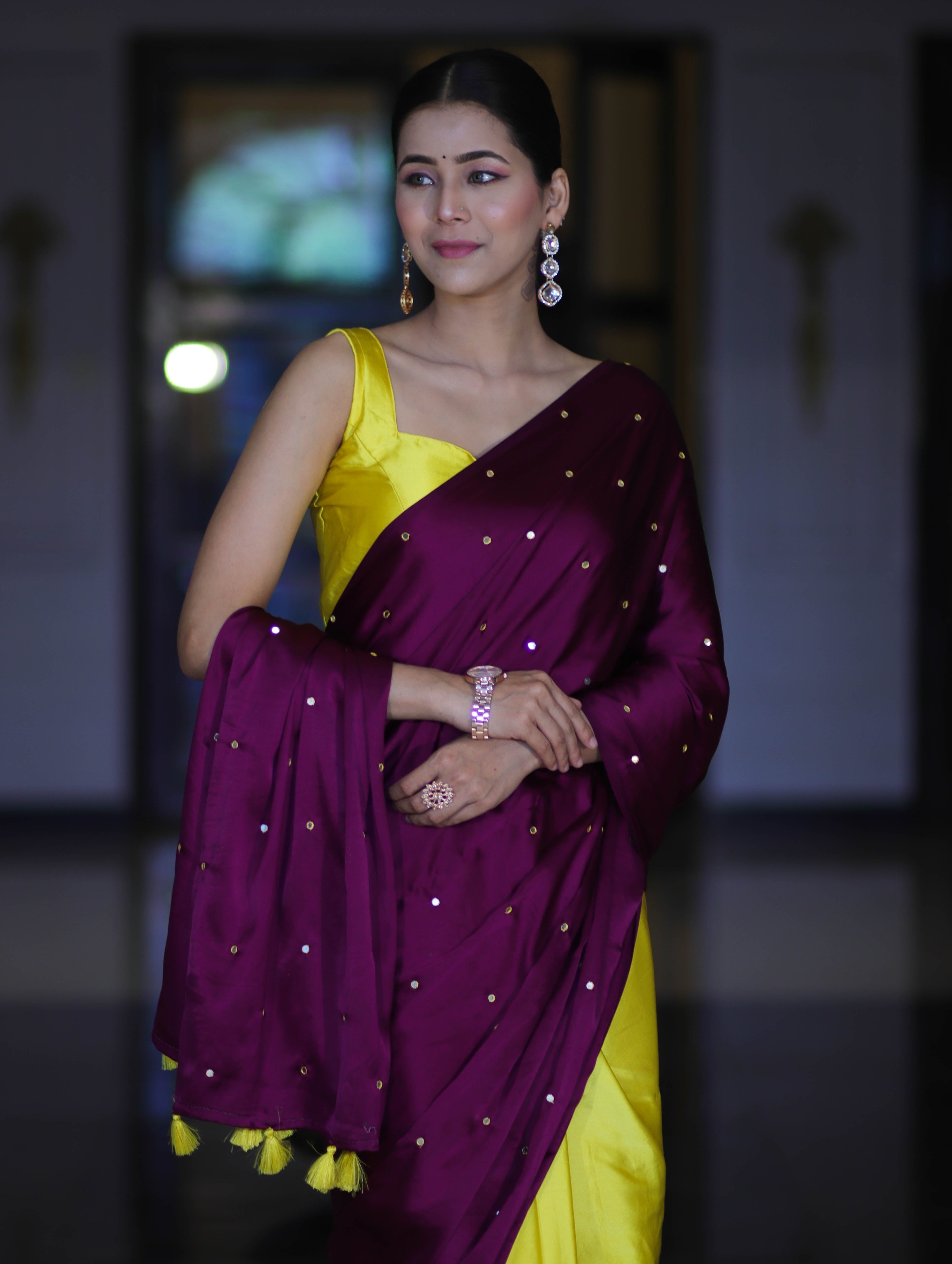Banarasee Handloom Satin Hand Dyed Saree With Mirror Work-Violet & Yellow