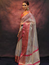 Banarasee Contrast Border Big Buta Tissue Saree-Silver & Pink