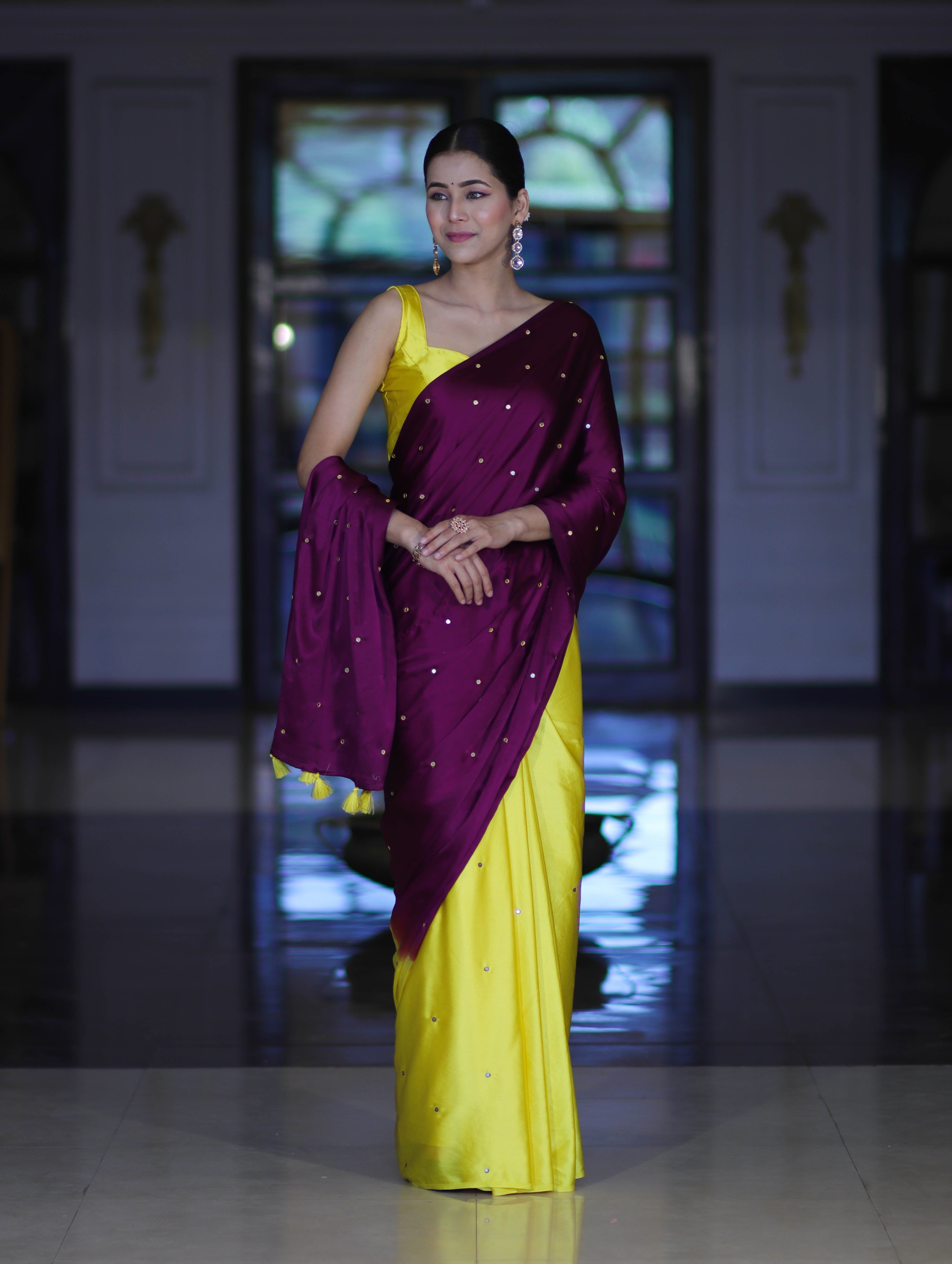 Banarasee Handloom Satin Hand Dyed Saree With Mirror Work-Violet & Yellow
