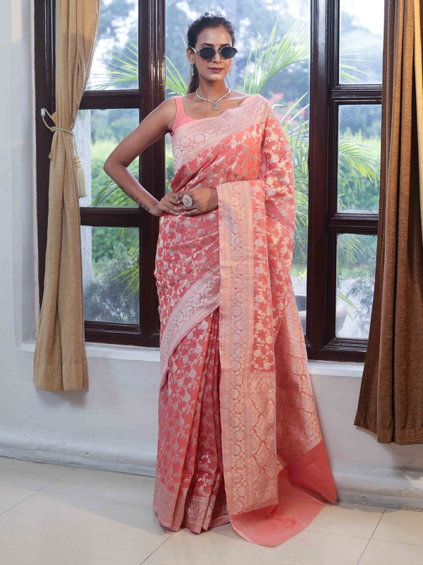 Banarasee Faux Georgette Saree With Zari Jaal Work & Floral Border-Peach