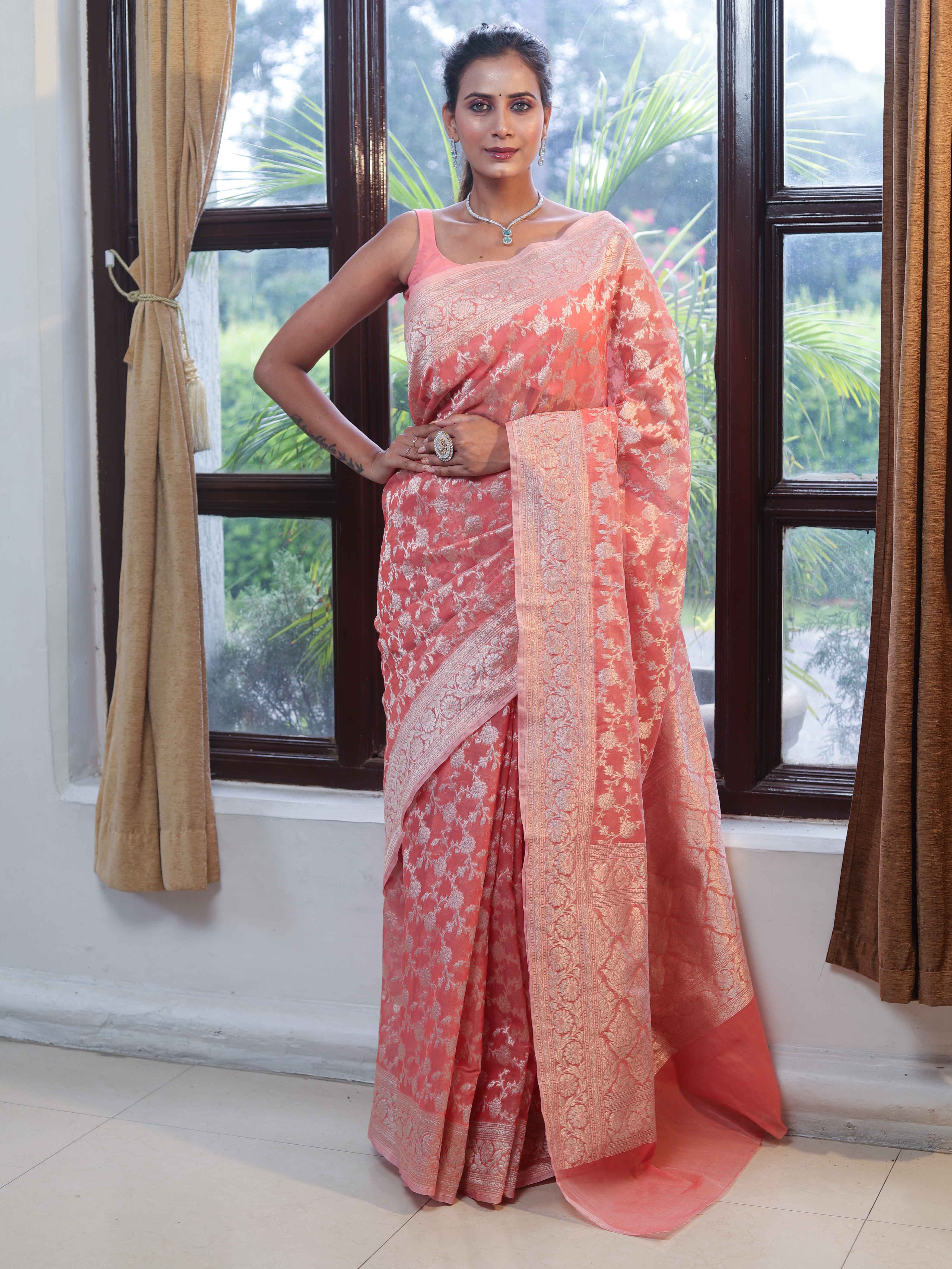 Banarasee Faux Georgette Saree With Zari Jaal Work & Floral Border-Peach