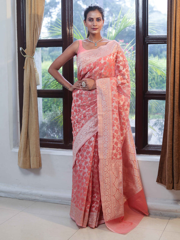 Banarasee Faux Georgette Saree With Zari Jaal Work & Floral Border-Peach