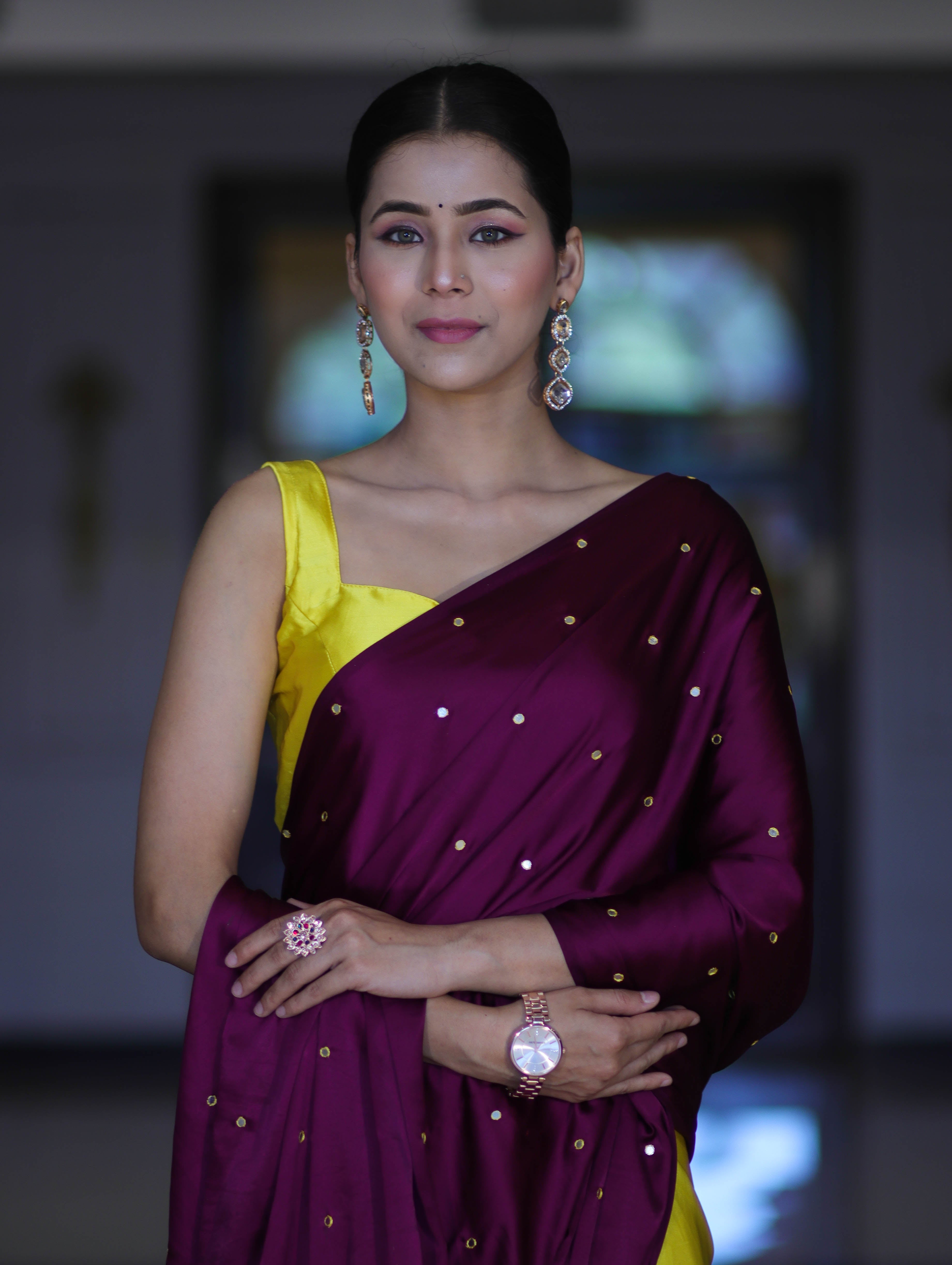 Banarasee Handloom Satin Hand Dyed Saree With Mirror Work-Violet & Yellow