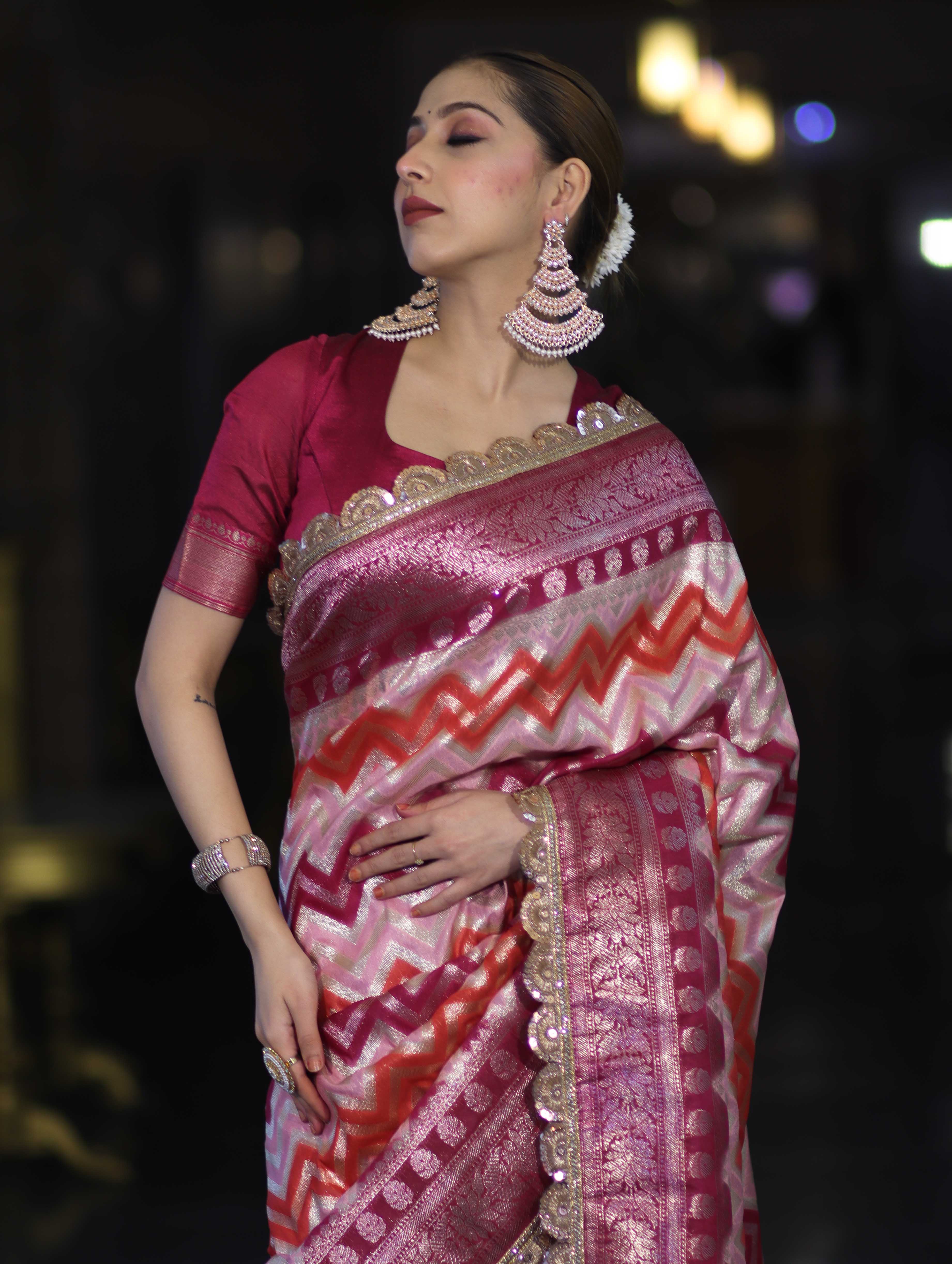 Banarasee Handwoven Faux Georgette Saree With Zigzag Pattern Zari Design Border & Lace-Multicolor