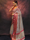 Banarasee Contrast Border Big Buta Tissue Saree-Silver & Pink
