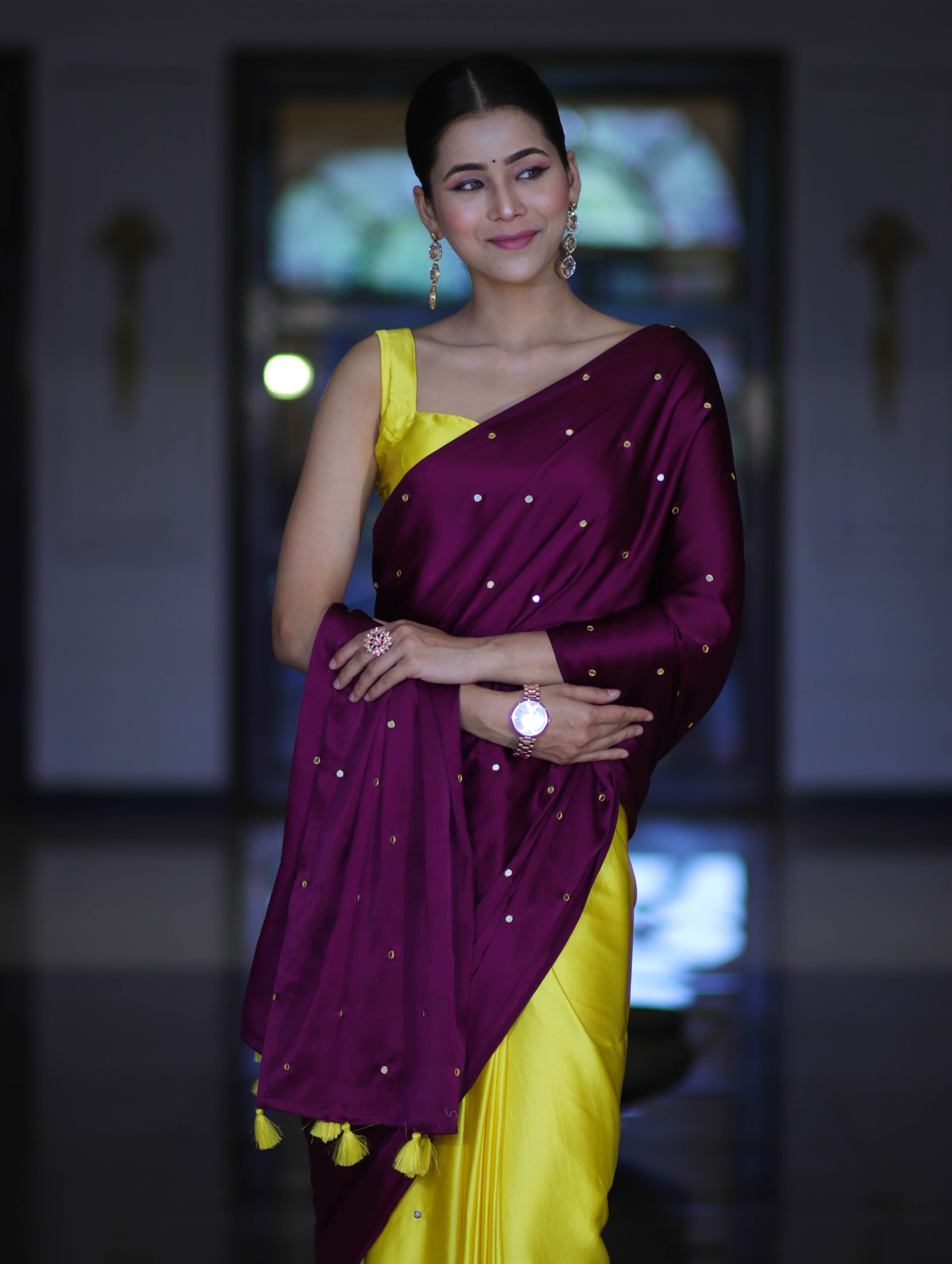 Banarasee Handloom Satin Hand Dyed Saree With Mirror Work-Violet & Yellow