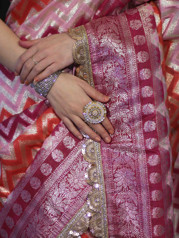 Banarasee Handwoven Faux Georgette Saree With Zigzag Pattern Zari Design Border & Lace-Multicolor