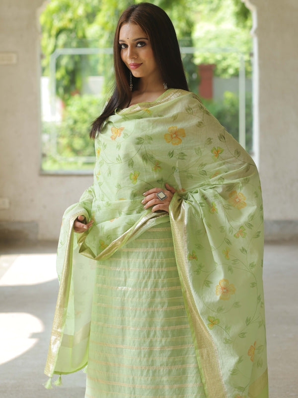 Banarasee Chanderi Cotton Zari Buti Salwar Kameez Fabric With Hand-Painted Dupatta-Green