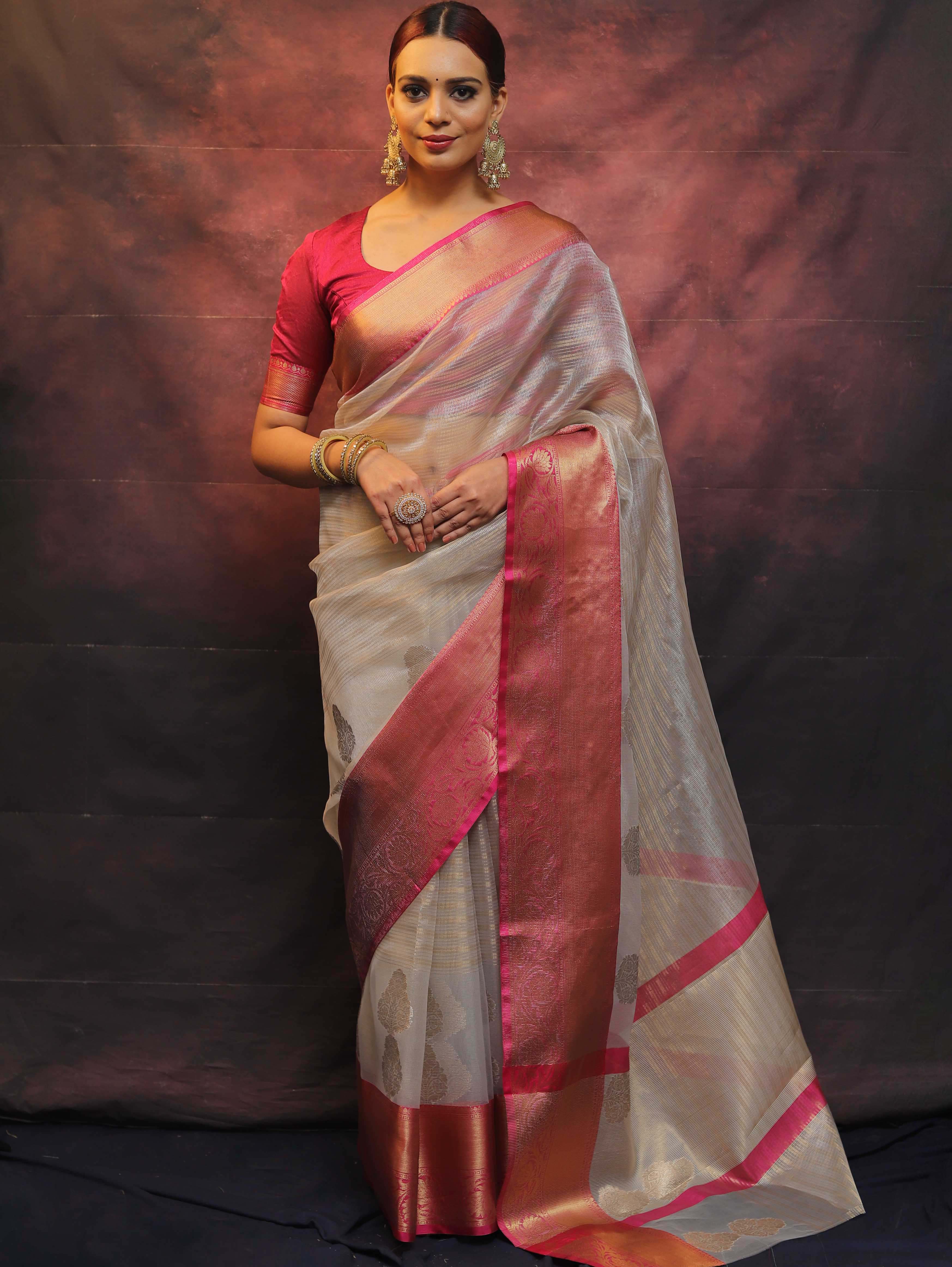 Banarasee Contrast Border Big Buta Tissue Saree-Silver & Pink