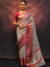 Banarasee Contrast Border Big Buta Tissue Saree-Silver & Pink