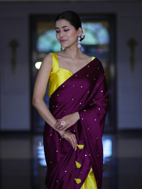 Banarasee Handloom Satin Hand Dyed Saree With Mirror Work-Violet & Yellow