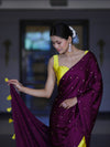 Banarasee Handloom Satin Hand Dyed Saree With Mirror Work-Violet & Yellow