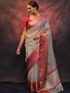 Banarasee Contrast Border Big Buta Tissue Saree-Silver & Pink