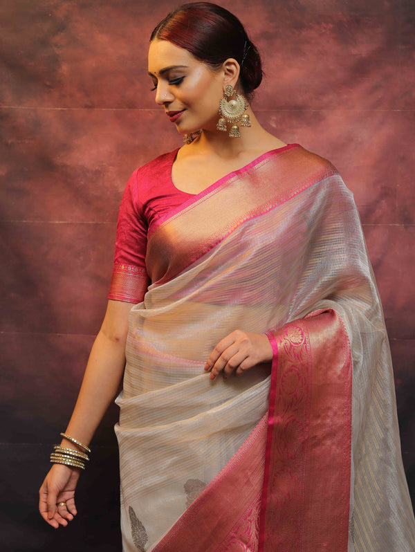Banarasee Contrast Border Big Buta Tissue Saree-Silver & Pink
